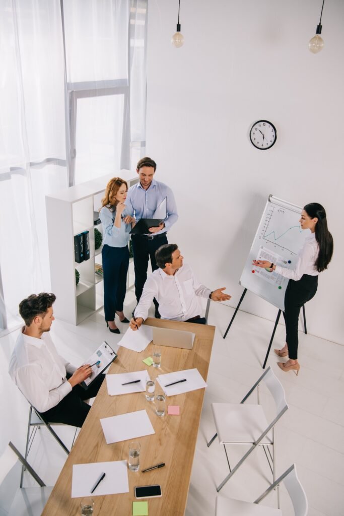 high angle view of business coworkers having business training in office